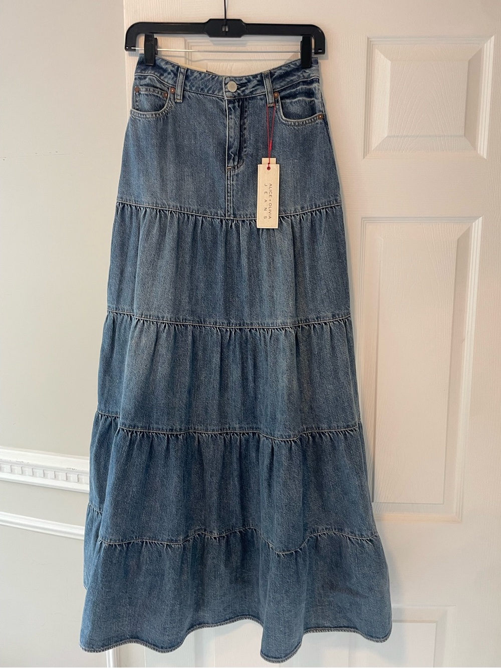 Alice + Olivia Washed Blue Tiered Denim Maxi Skirt